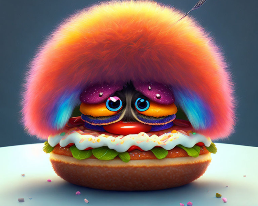 Colorful Cartoon Burger with Sparkling Eyes and Funky Bun