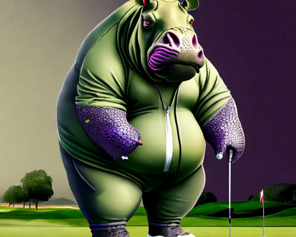 Stylized illustration of a golf-playing hippopotamus in green tracksuit