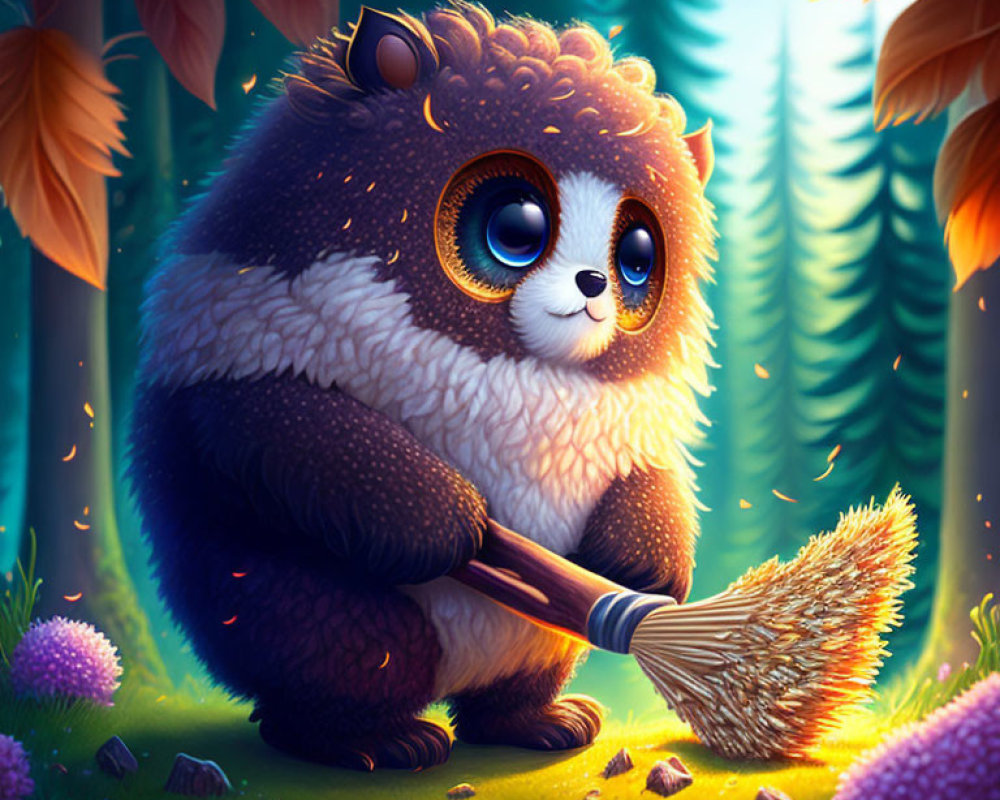 Fluffy panda-like creature with broom in magical forest with purple flowers