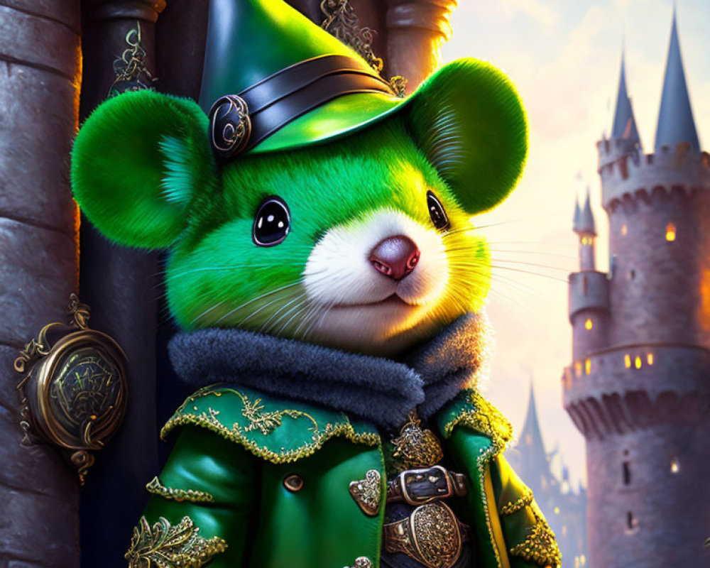 Medieval-themed anthropomorphic mouse with metal-adorned leather hat in castle backdrop