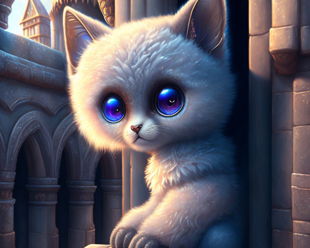 White Fluffy Kitten with Large Blue Eyes on Stone Ledge with Gothic Castle Background