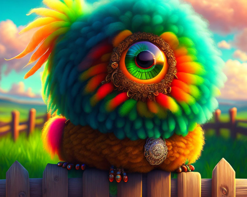 Colorful whimsical creature with large eye on wooden fence in pastoral landscape