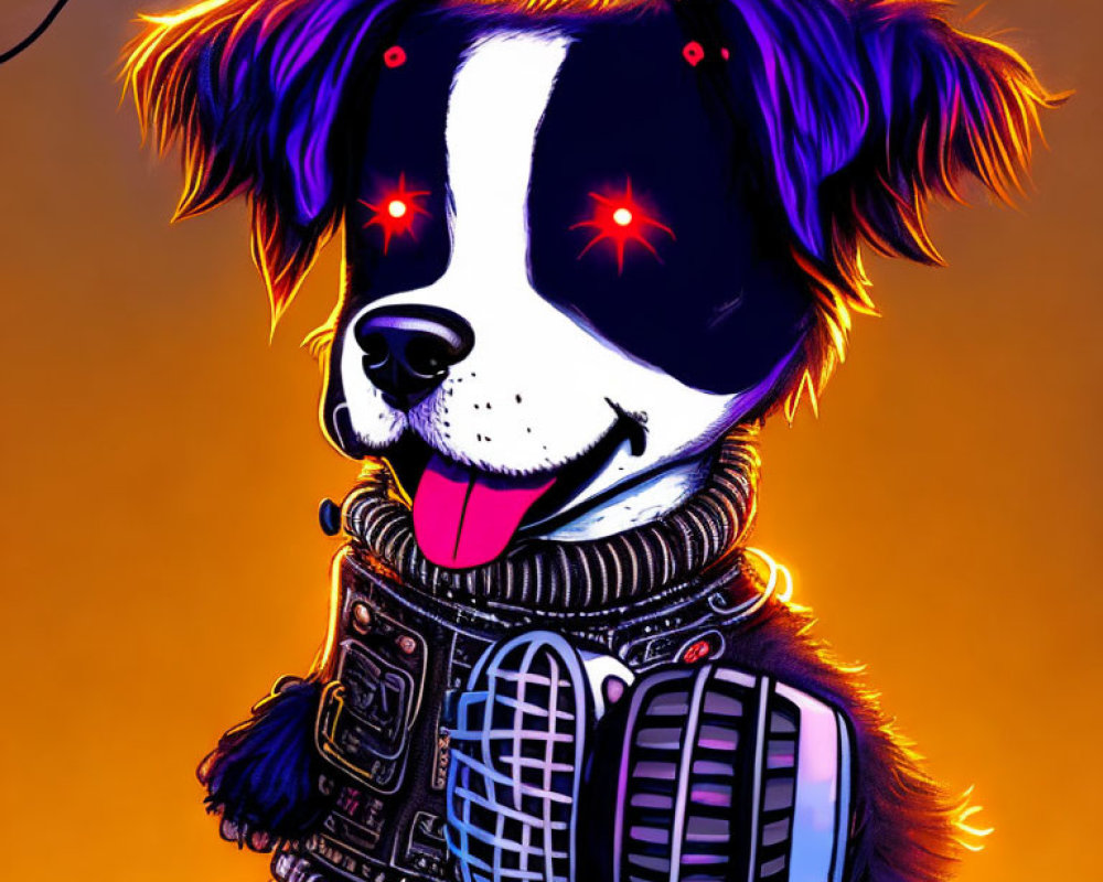 Robotic dog illustration: black and white fur, red eyes, spacesuit, orange backdrop