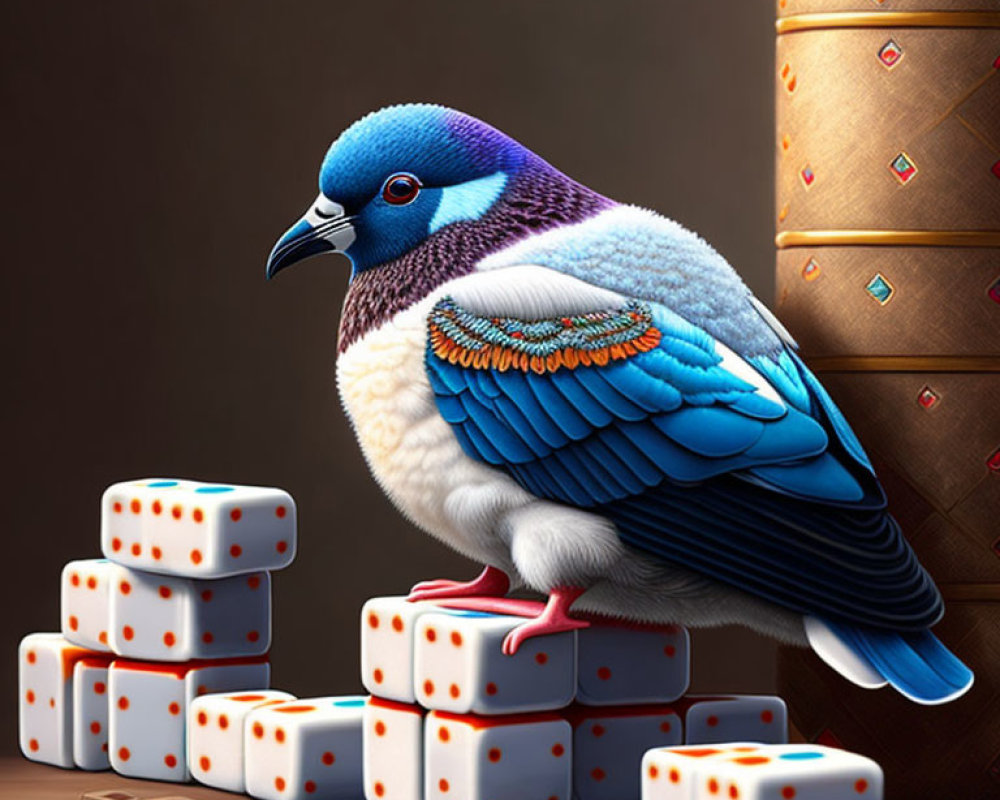 Colorful pigeon on dominoes near vase on neutral background