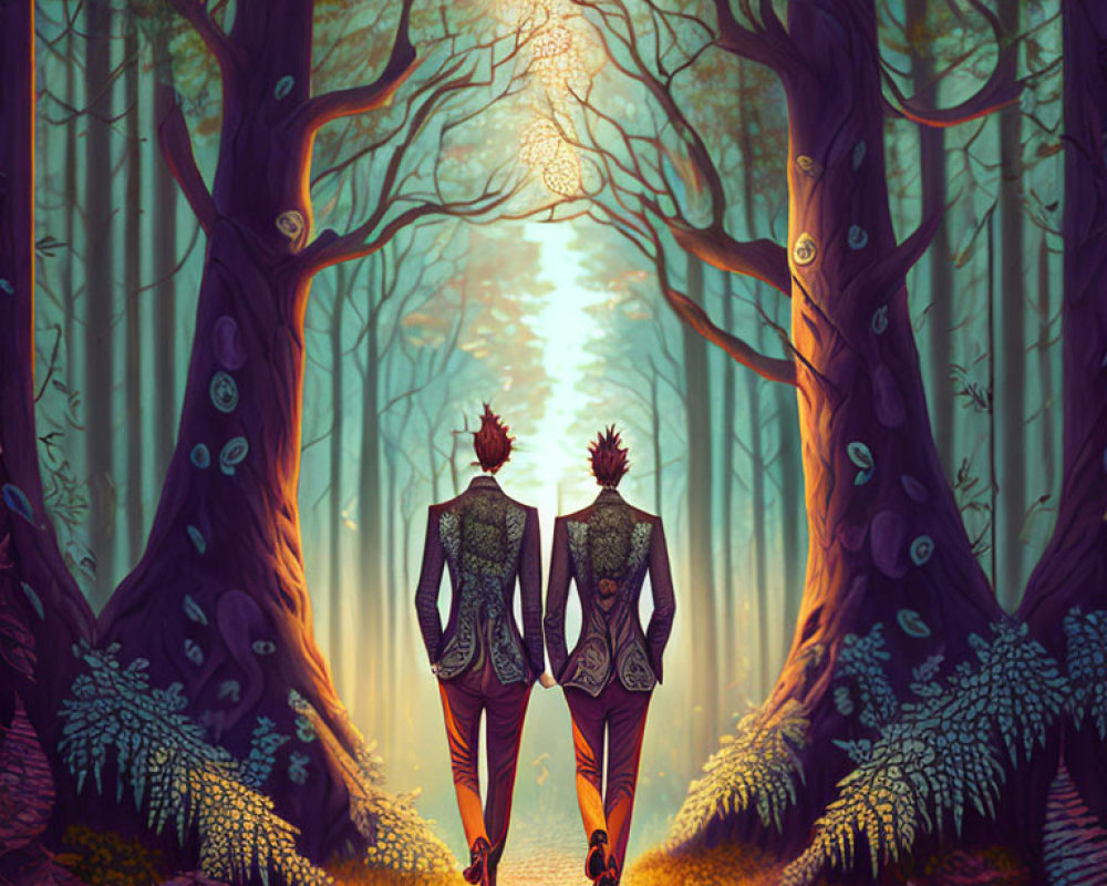 Two humanoid figures with tree-like features walking hand-in-hand in a mystical forest path.