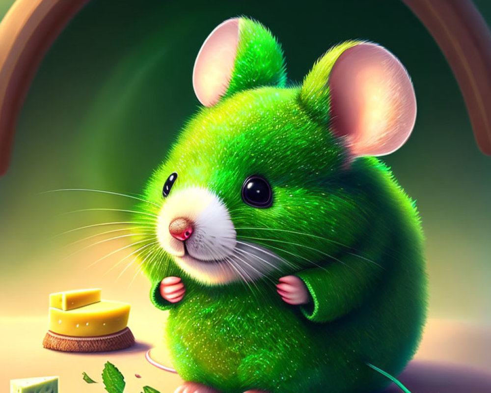 Whimsical chubby green creature with large ears next to cheese slices