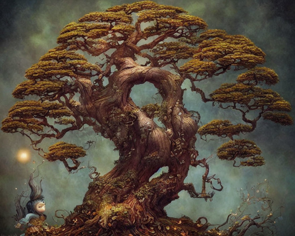 Fantasy illustration of ancient tree with golden leaves and whimsical creatures.