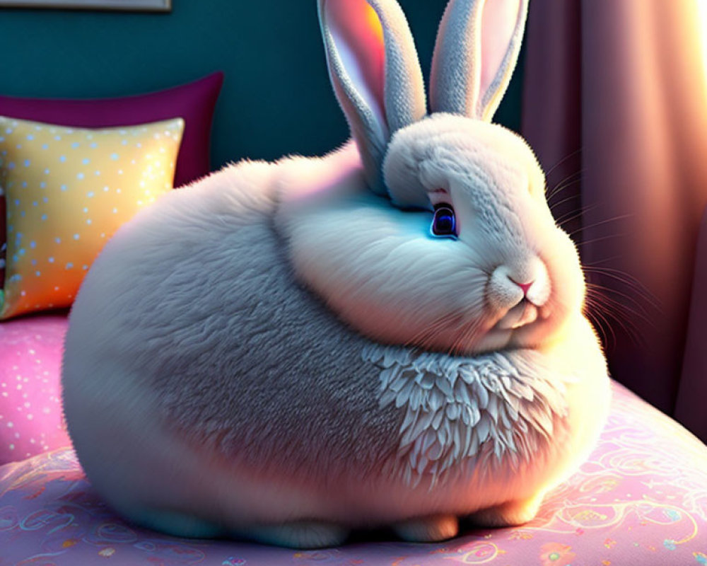 Adorable Cartoon Rabbit on Cushion in Cozy Room