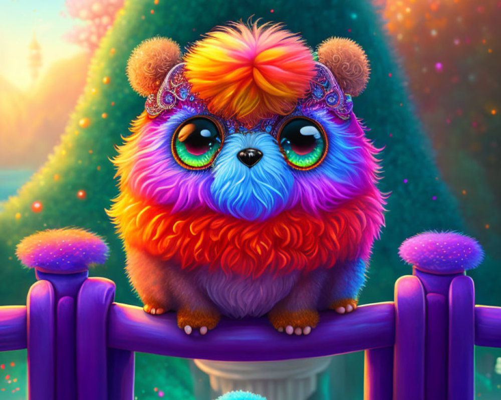 Colorful fluffy creature with expressive eyes in vibrant garden