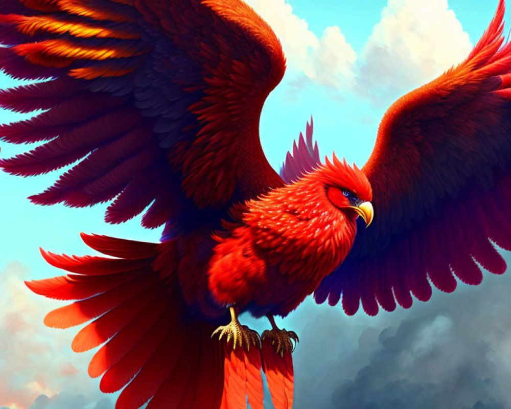 Vibrant red phoenix with spread wings in blue sky