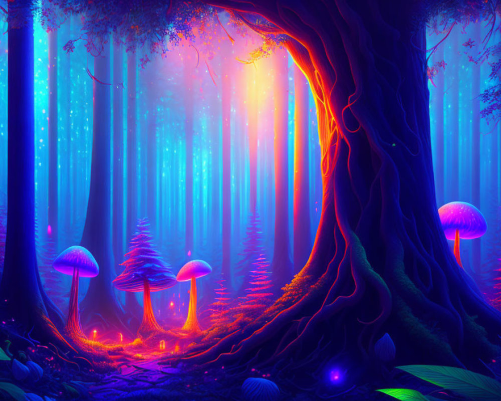 Enchanting forest scene with large tree and glowing mushrooms