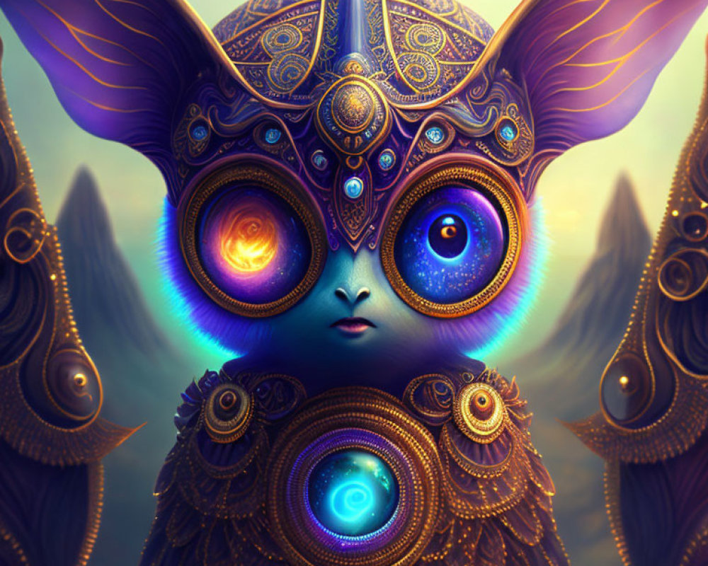 Whimsical creature with expressive eyes and jewel in forehead against misty hills