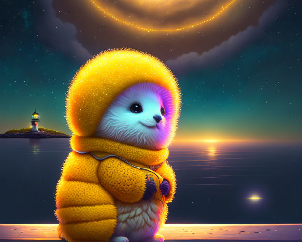 Fluffy hedgehog in yellow coat by sea with galaxy and lighthouse