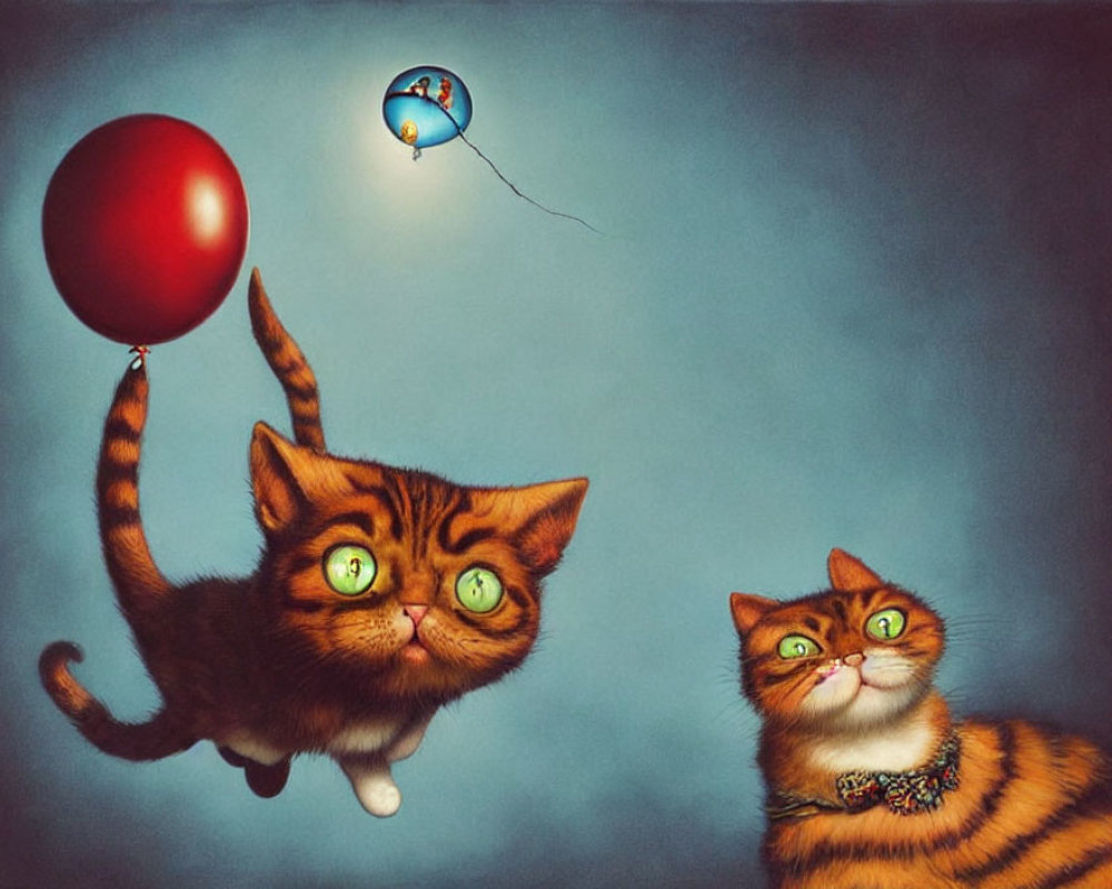 Whimsical cats with oversized green eyes and red balloon on blue background