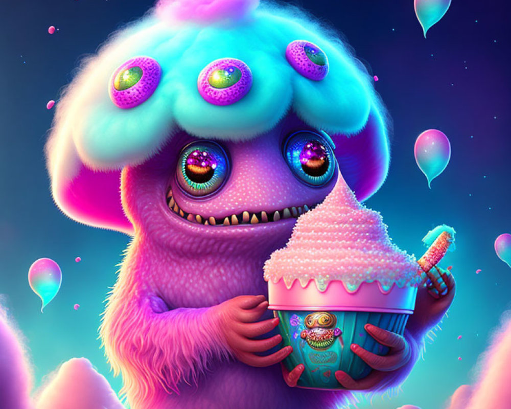 Colorful illustration of a furry creature with multiple eyes holding a cupcake in a magical setting with floating