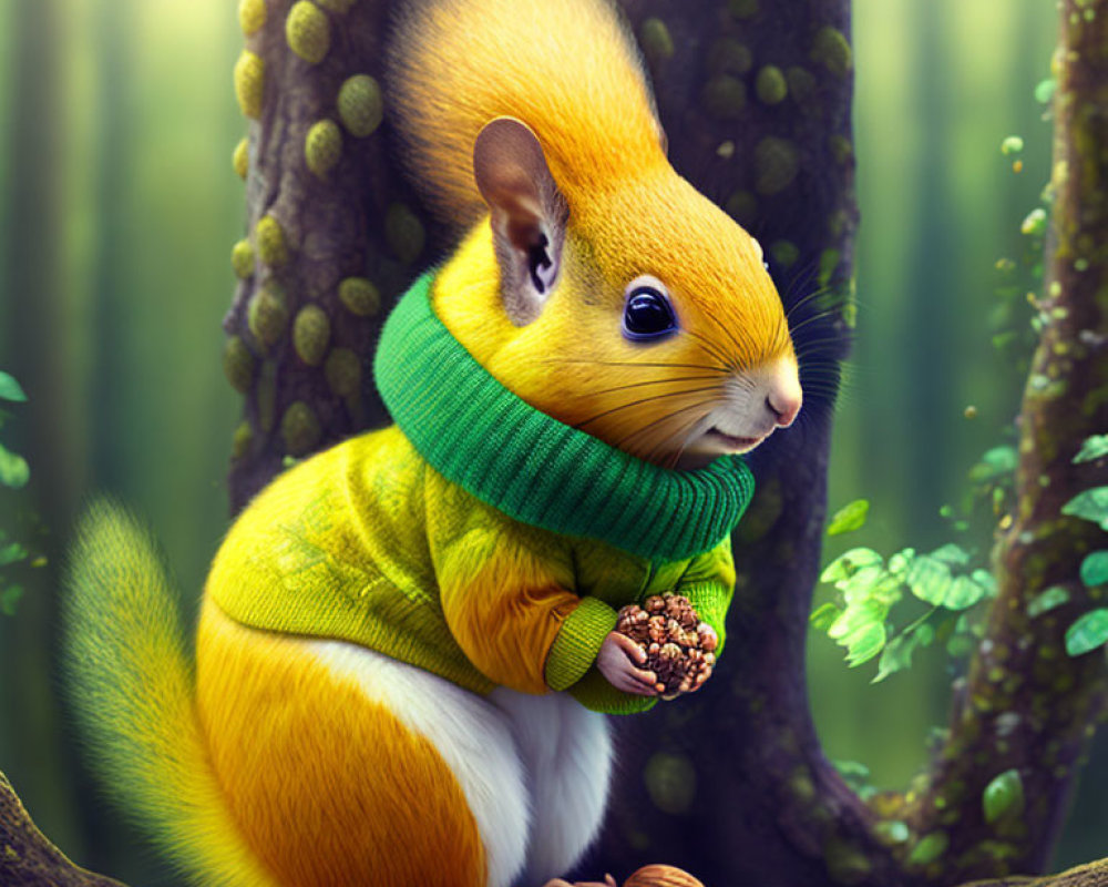 Anthropomorphized squirrel in green sweater and scarf with acorn in lush forest