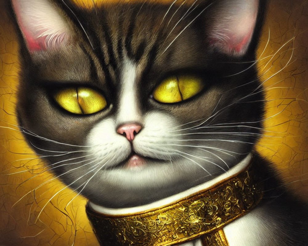 Regal Cat Painting with Striking Yellow Eyes and Golden Collar