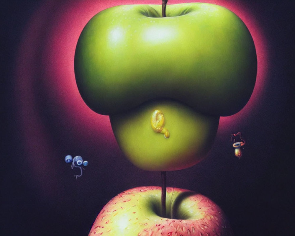 Surreal artwork of stacked apples with human-like faces and insects