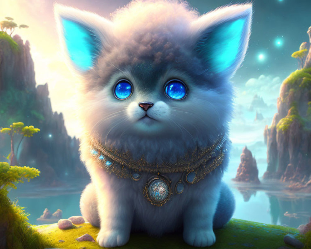 Blue-eyed kitten in fantastical landscape with glowing plants