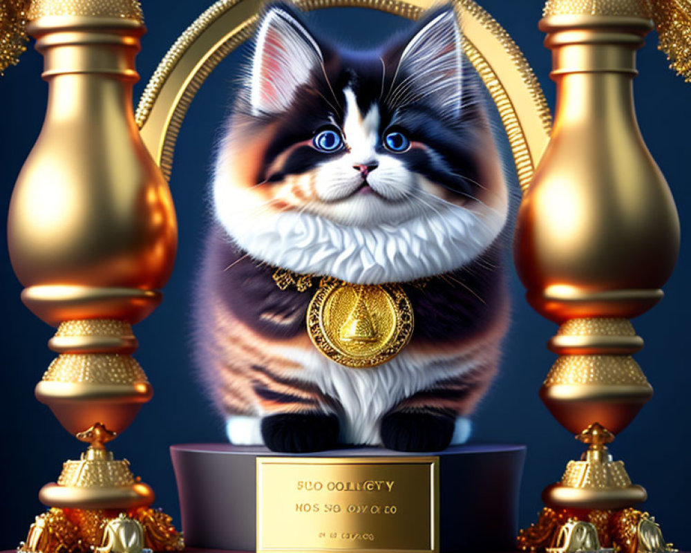 Fluffy tuxedo cat with blue eyes in gold medallion frame.