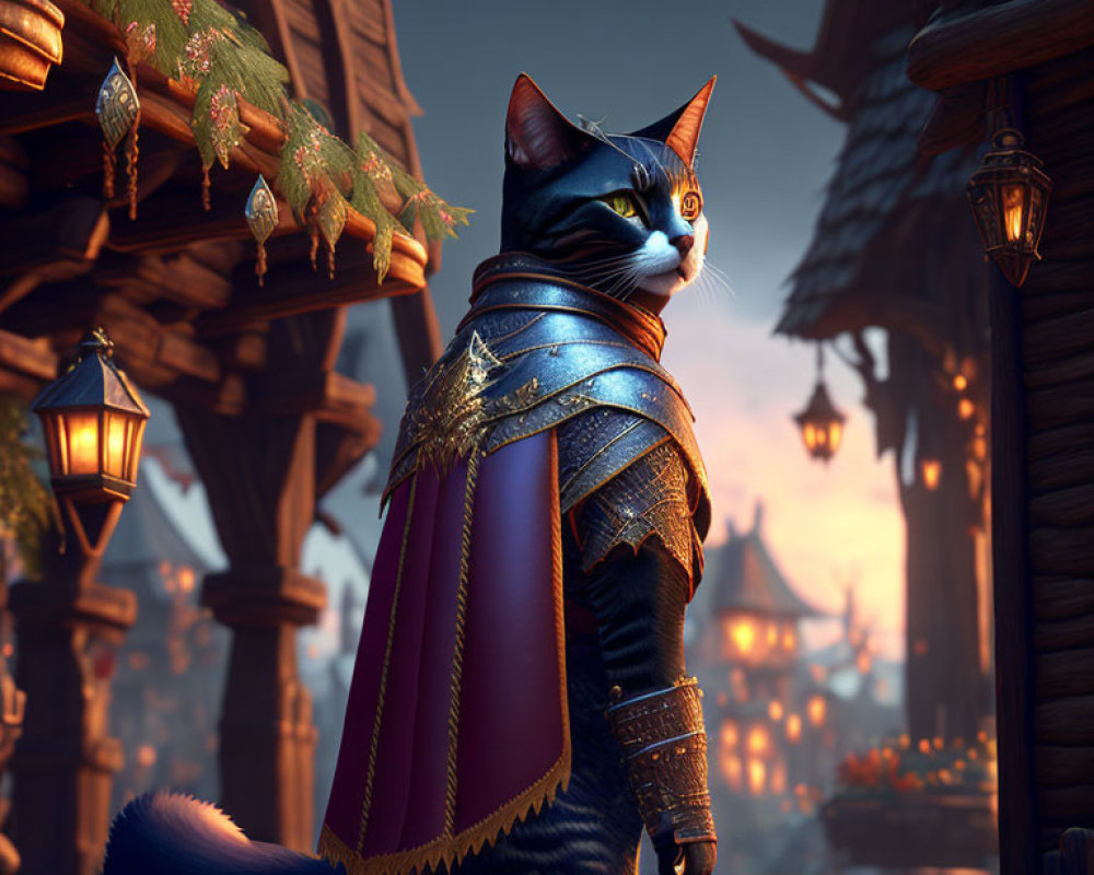 Fantasy village scene with armored cat at dusk