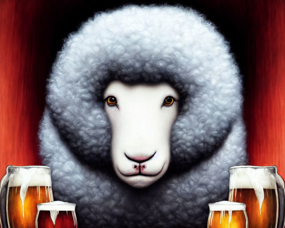 Whimsical sheep and pints of beer illustration on red background