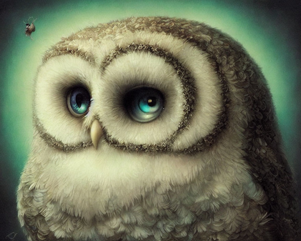 Illustration of fluffy owl with large eyes and bee companion