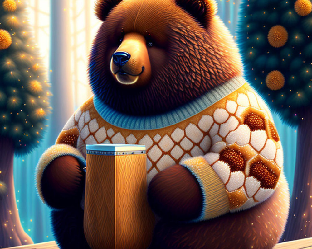 Brown bear illustration in honeycomb sweater with cup in forest