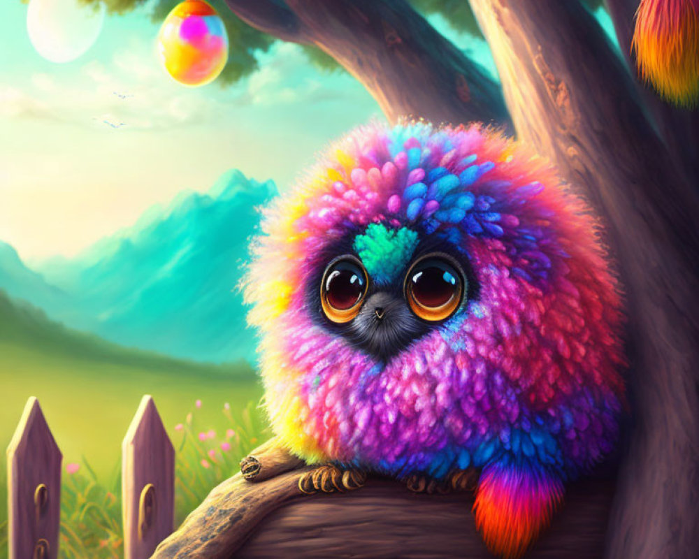 Fluffy Creature on Branch with Mystical Fruit in Dreamy Landscape