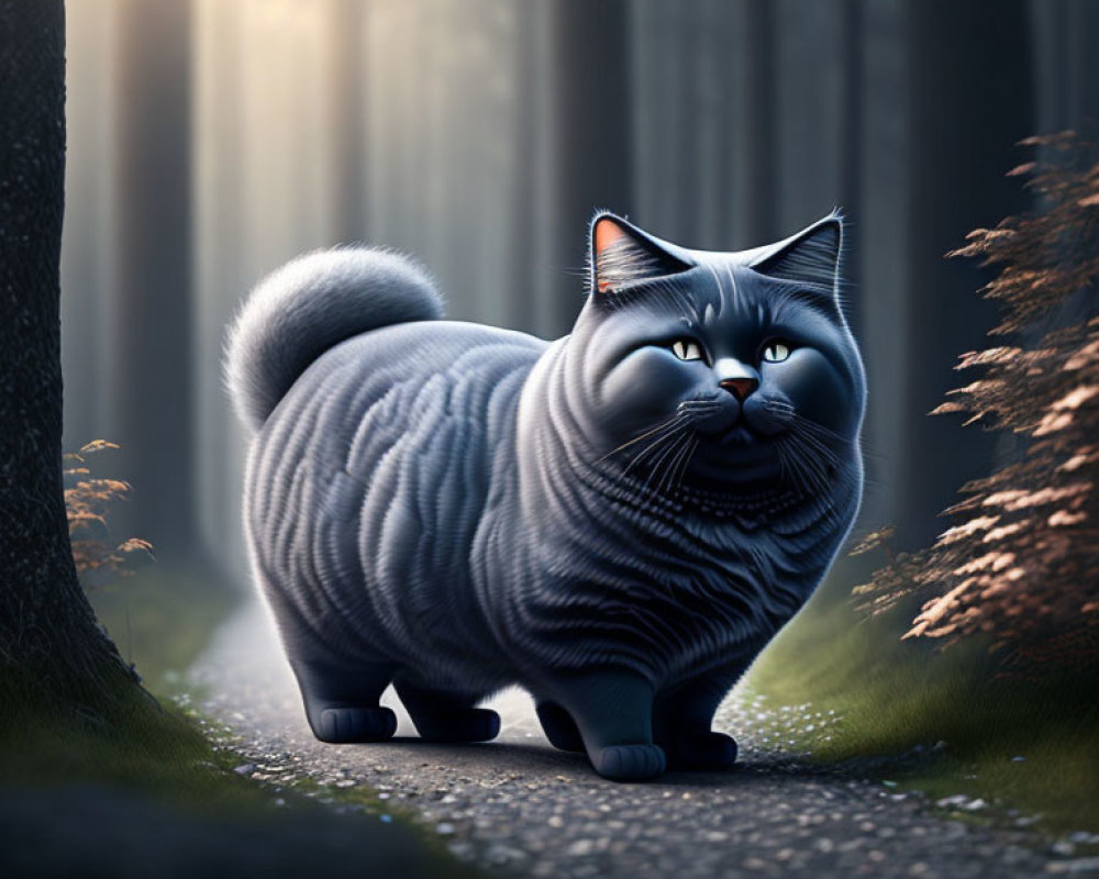 Stylized cartoon cat on forest path in sunlight