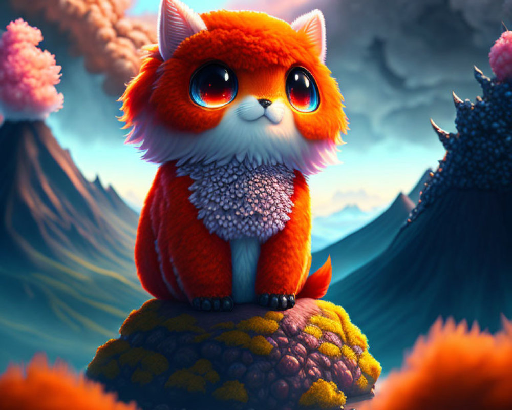 Colorful fantasy landscape with fluffy orange creature on rock