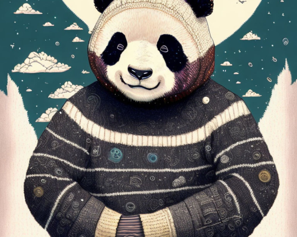 Content panda in cozy sweater and beanie with whimsical backdrop.