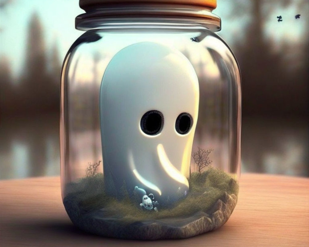 Ghost-like figure trapped in glass jar with wooden lid, surrounded by tiny world.