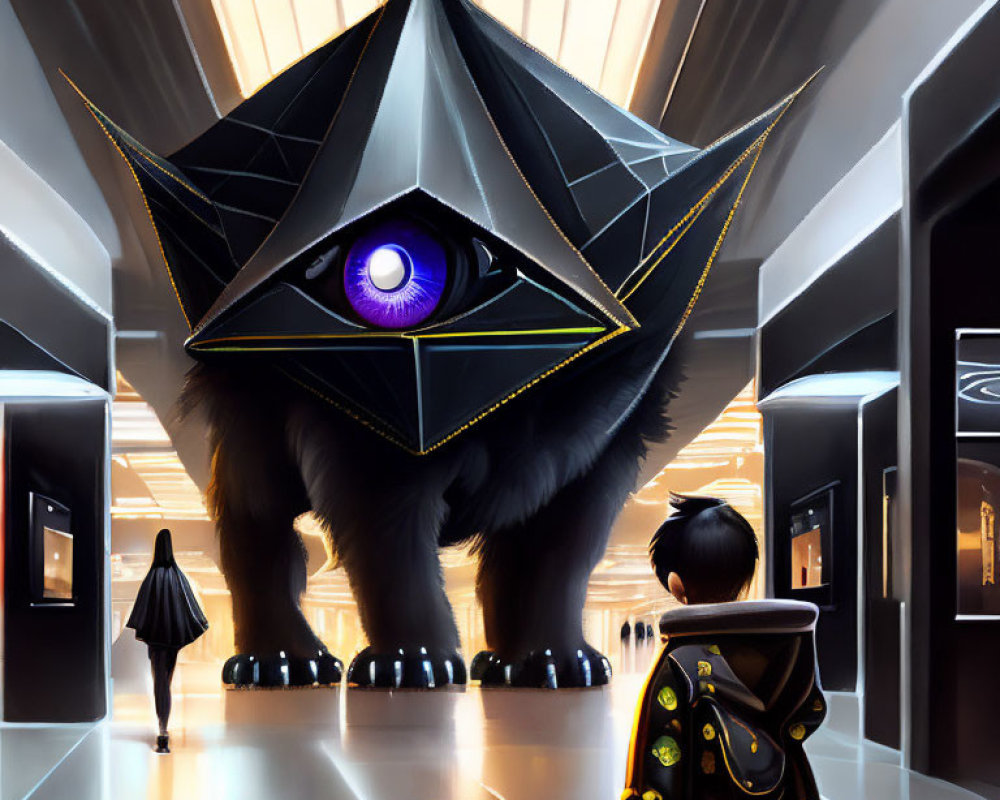 Furry creature with eye-shaped structure in futuristic hallway with child.