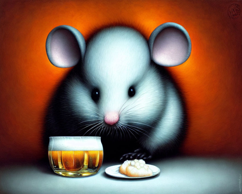 Chubby Mouse Illustration with Cookie and Drink on Orange Background