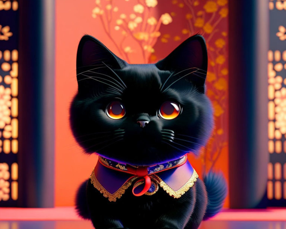 Shiny Black Cat 3D Illustration with Amber Eyes and Purple Collar