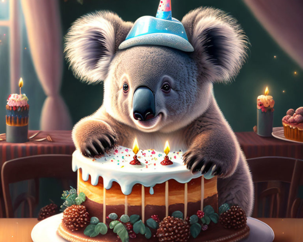 Smiling koala in party hat with birthday cake and cupcakes