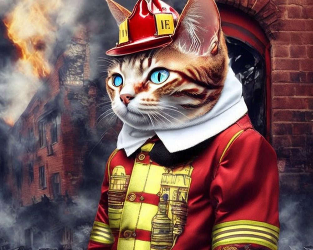 Digital artwork of cat in firefighter gear in fiery scene