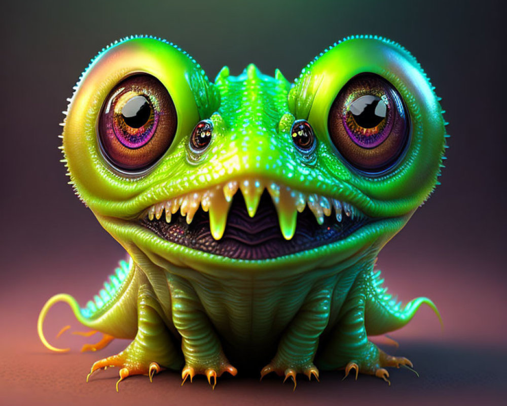 Colorful fantastical creature with purple eyes and sharp teeth on green scaly skin