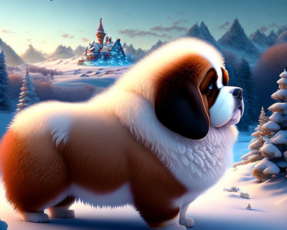 Stylized snowy landscape with fluffy Saint Bernard dog and castle at twilight