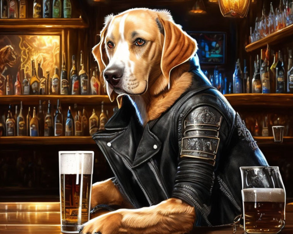 Dog with human-like arms in leather jacket at bar with beer pint