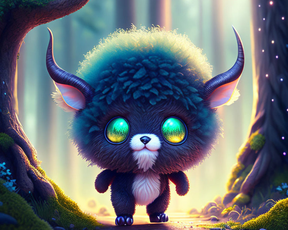 Fluffy creature with green eyes and horns in enchanted forest