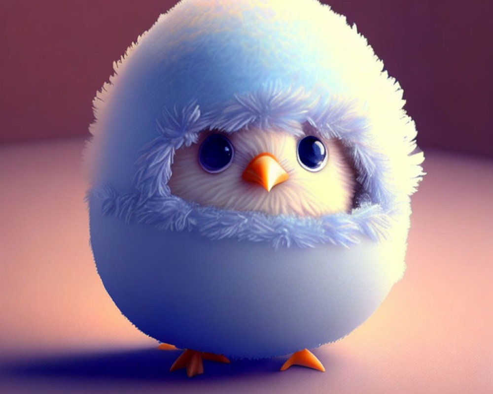 Fluffy Blue Cartoon Chick with Big Eyes and Small Beak Standing on Orange Feet