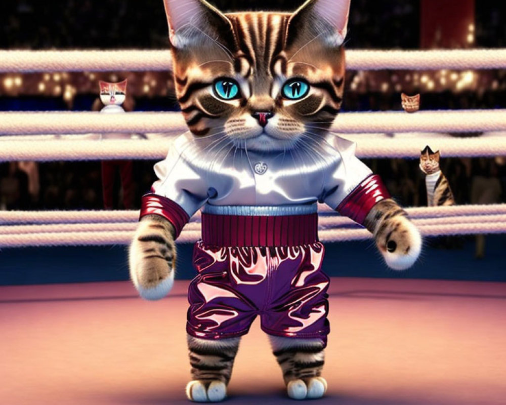 Blue-eyed animated cat in boxing gear confidently stands in ring with another cat.