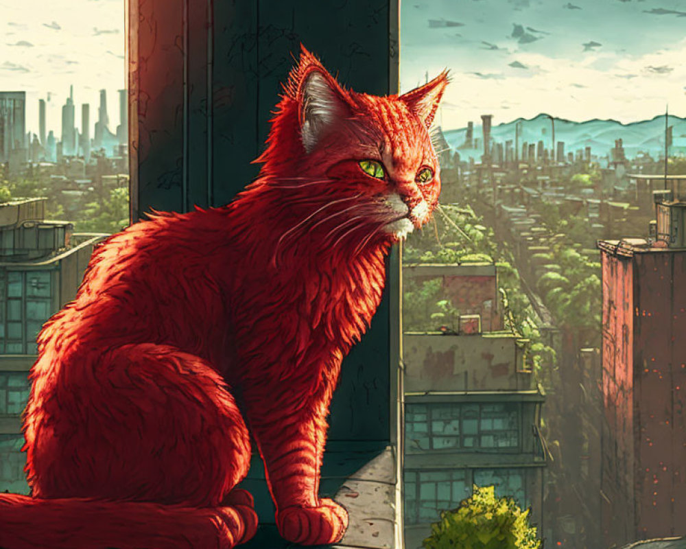 Red Cat with Green Eyes Overlooks Sunny Cityscape