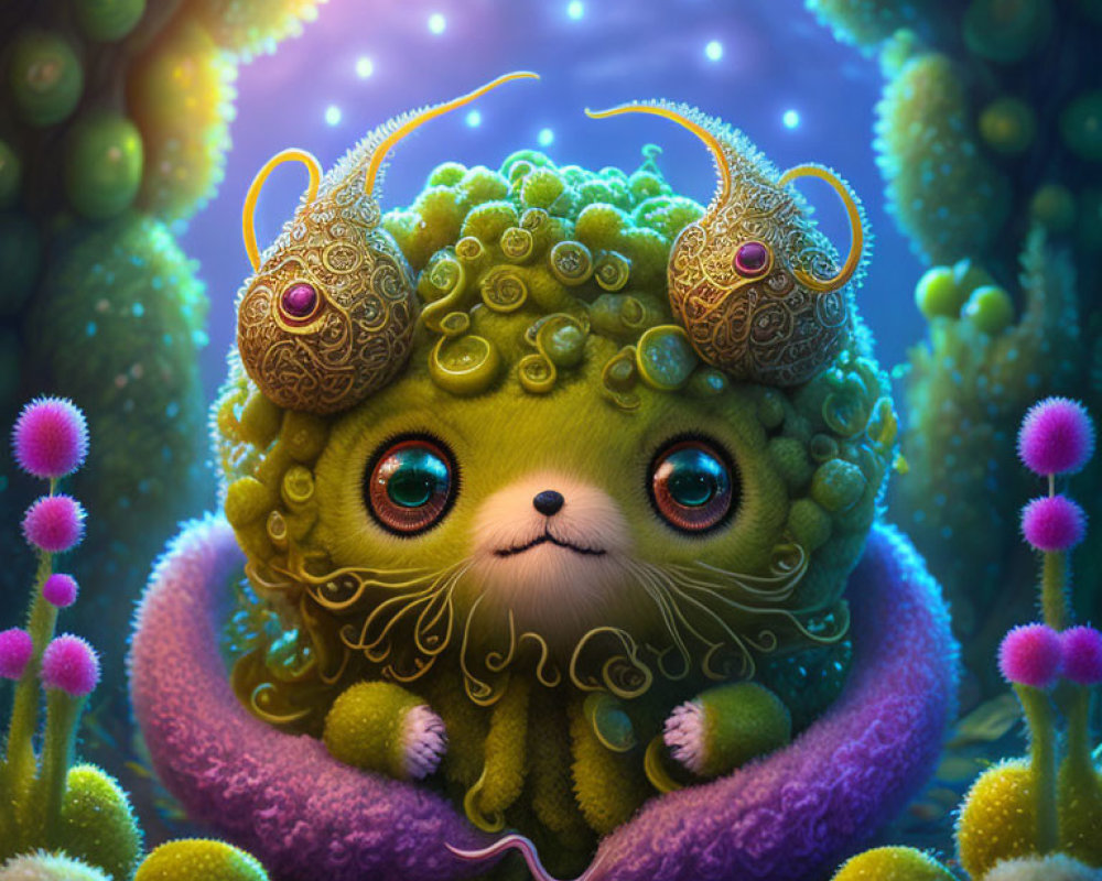 Colorful whimsical creature in fantastical forest with glowing plants