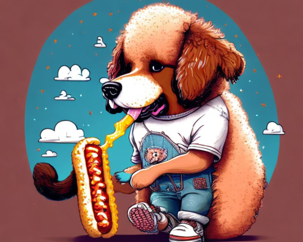 Cartoon dog in t-shirt and sneakers enjoying oversized hot dog on sky-blue backdrop