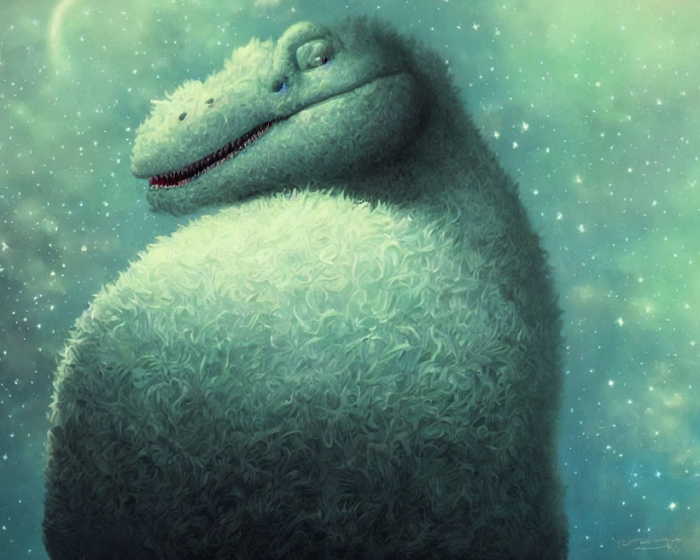 Large fluffy creature resembling a smiling reptile on teal starry background