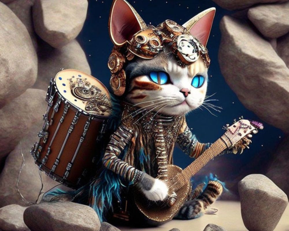 Steampunk-themed cat illustration with top hat, goggles, guitar, and rocks