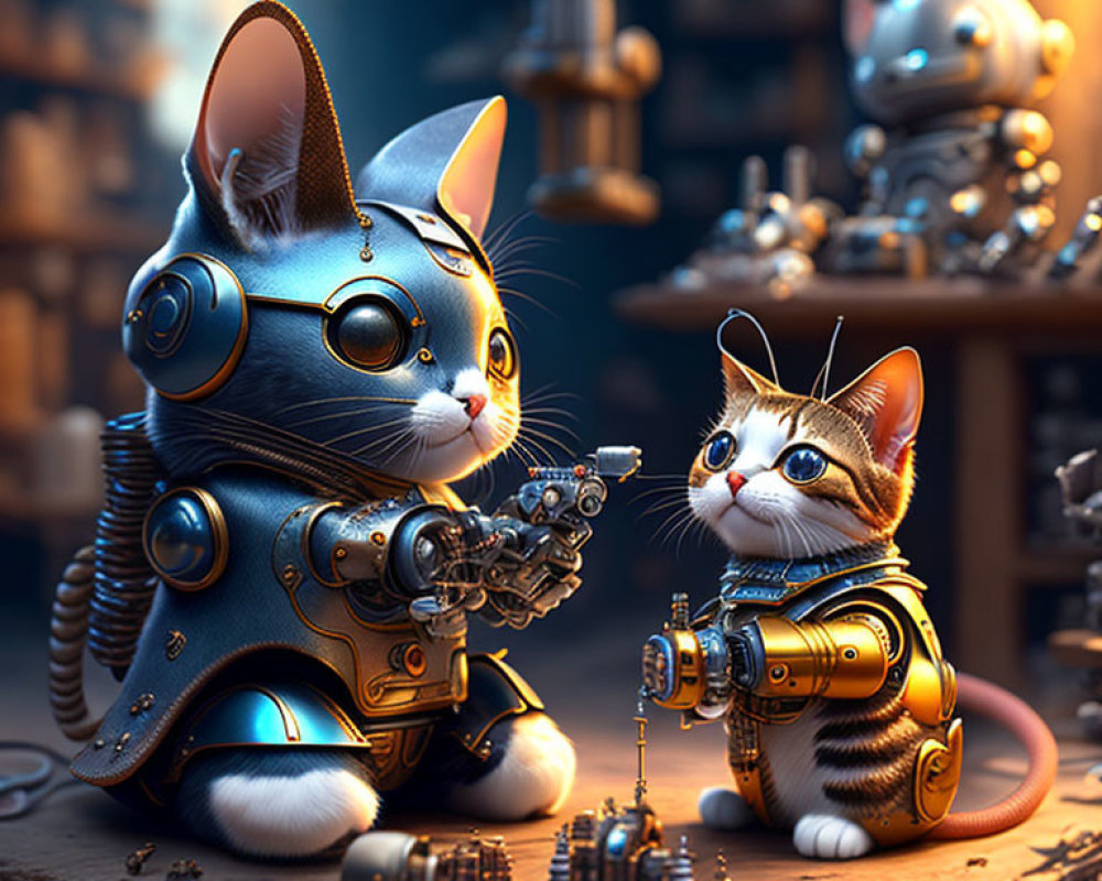 Two robotic cats in steampunk workshop with gears